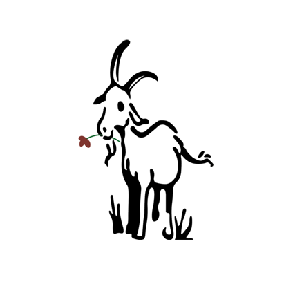 Schwarze Umrisse einer Ziege mit einer Blume im Mund, umgeben von Gras, was eine idyllische Wiesenatmosphäre auf einem Ziegenbauernhof symbolisiert.